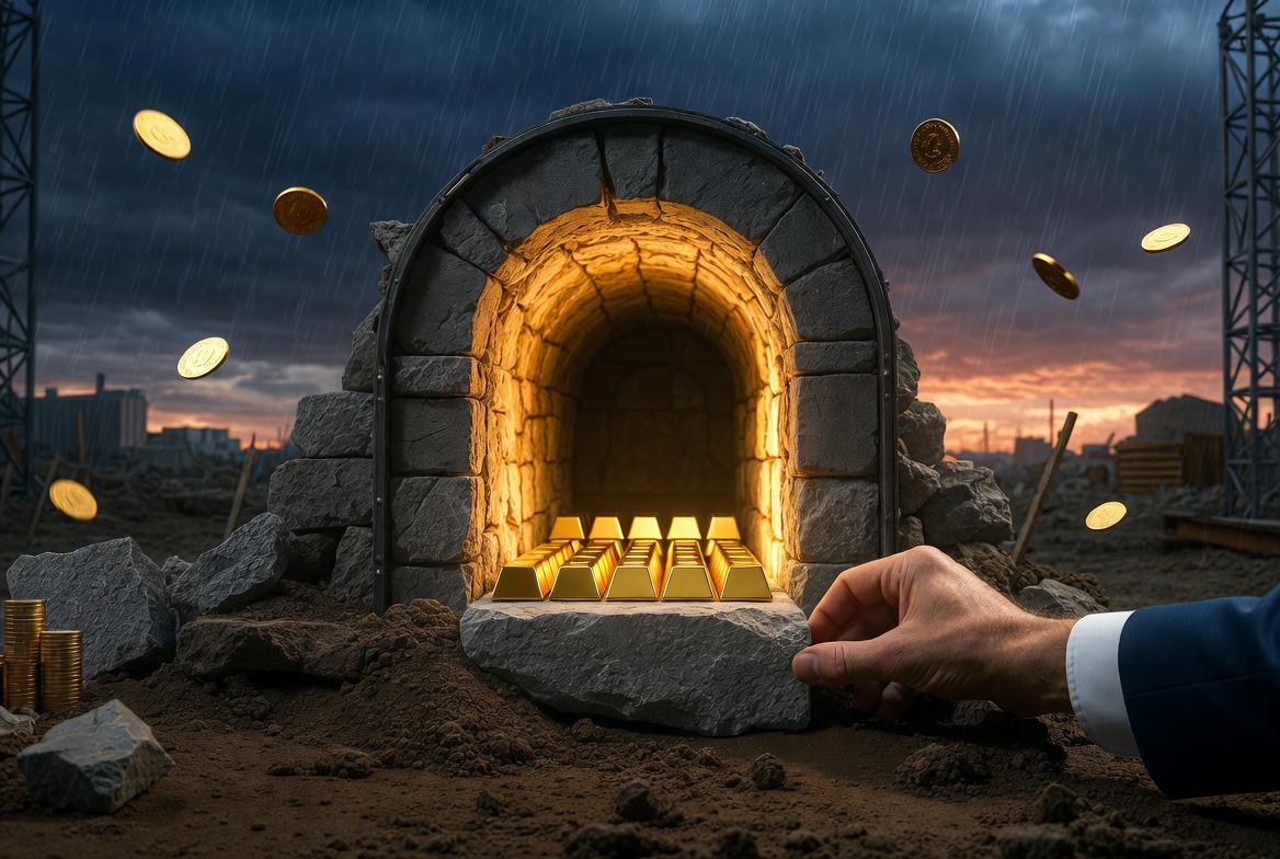 폭풍우 치는 공사장 배경에서, 빗물(세금과 채권자)에 휩쓸려가는 동전들과 대조적으로, 안전한 터널의 마지막 돌을 놓아 내부의 금괴를 완벽하게 보호하는 역동적인 절세 설계 메타포