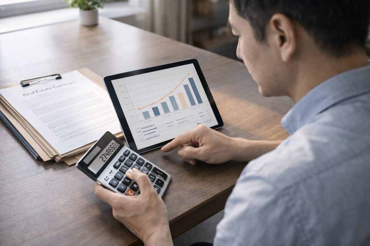 태블릿으로 금융 그래프를 확인하며 주택담보대출 한도와 DSR을 계산하는 직장인의 모습