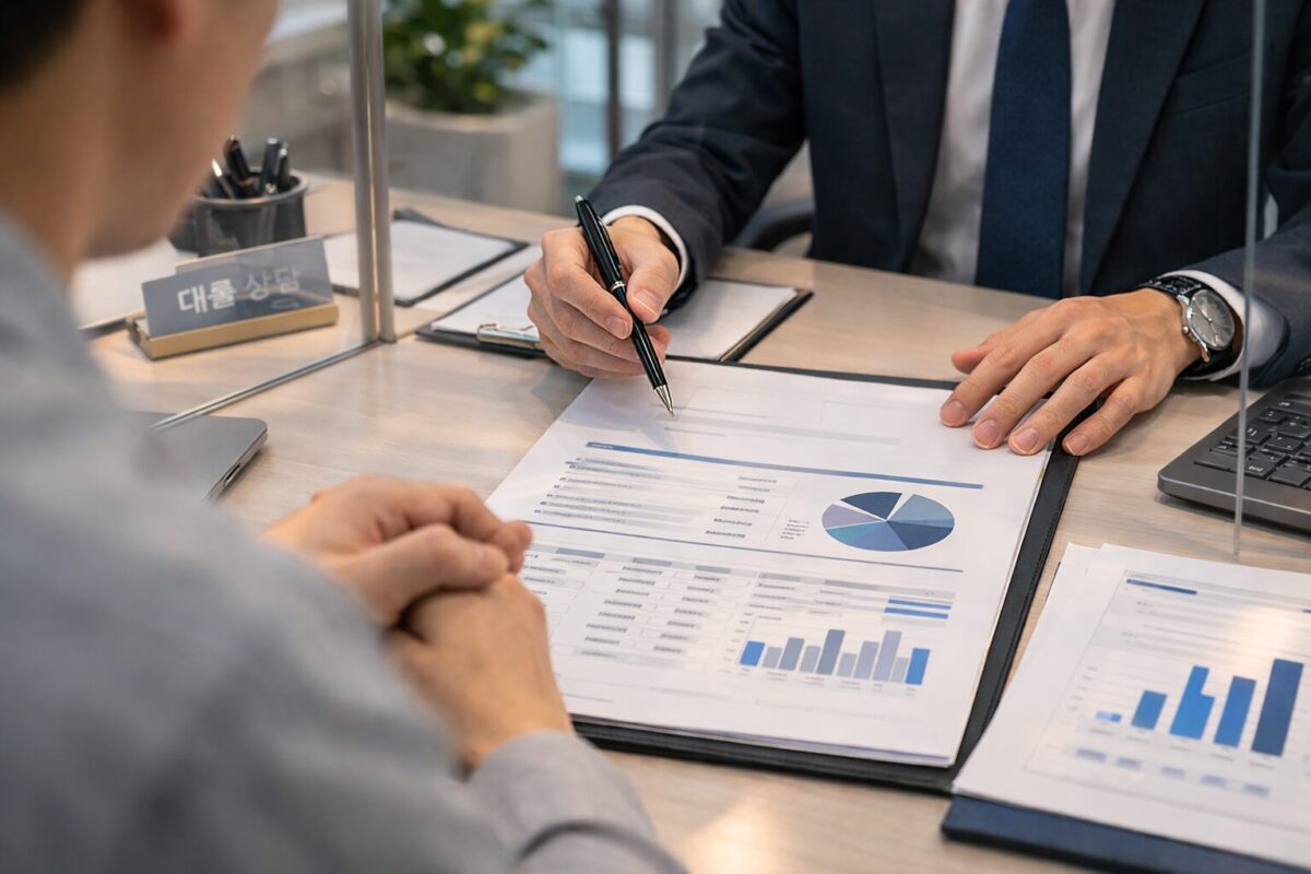 은행 대출 창구에서 고객 시점으로 상담 직원의 금융 서류 설명을 듣고 있는 모습