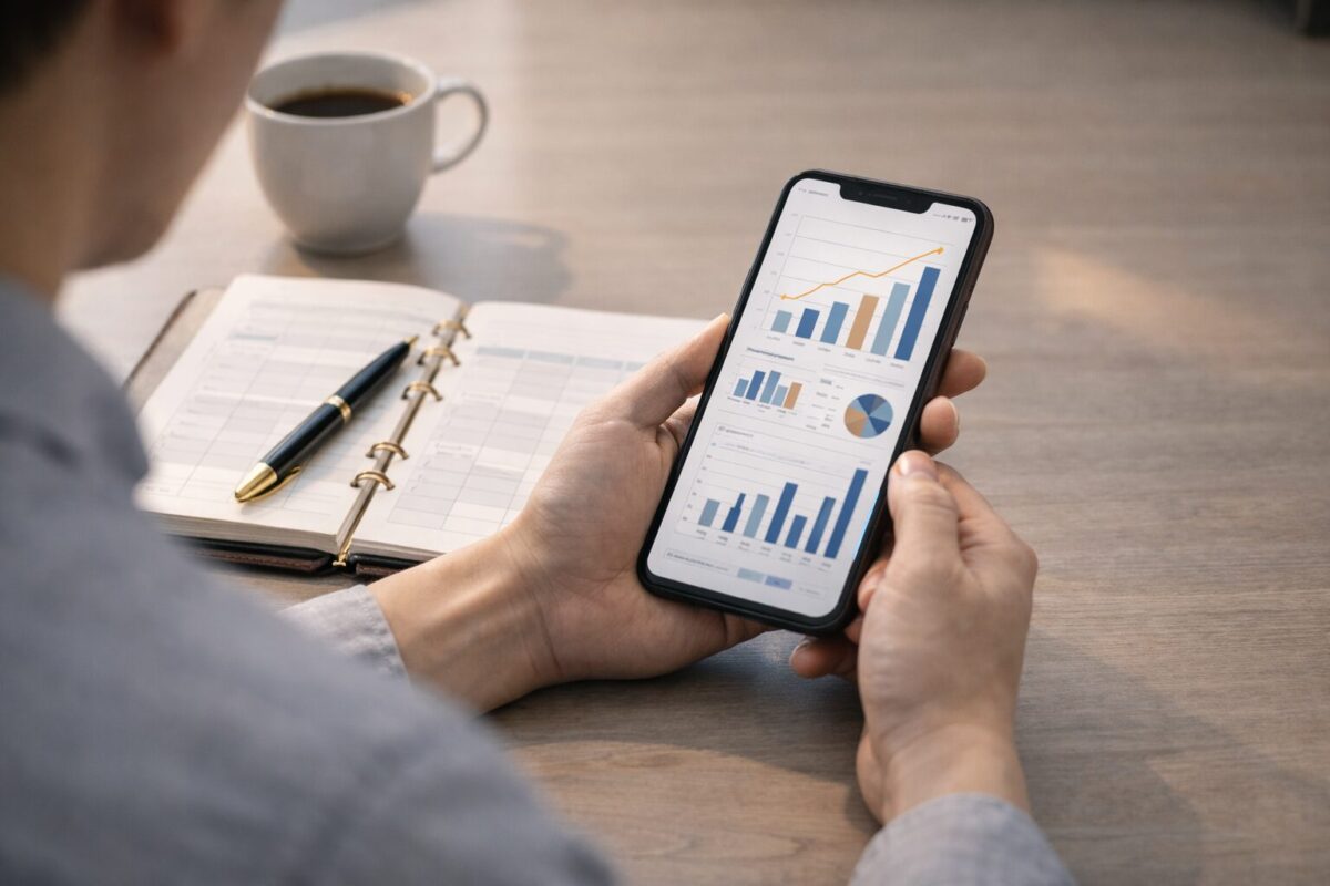 모바일 기기에 뜬 금융 차트와 함께 정리된 세무 노트를 내려다보는 시점의 모습