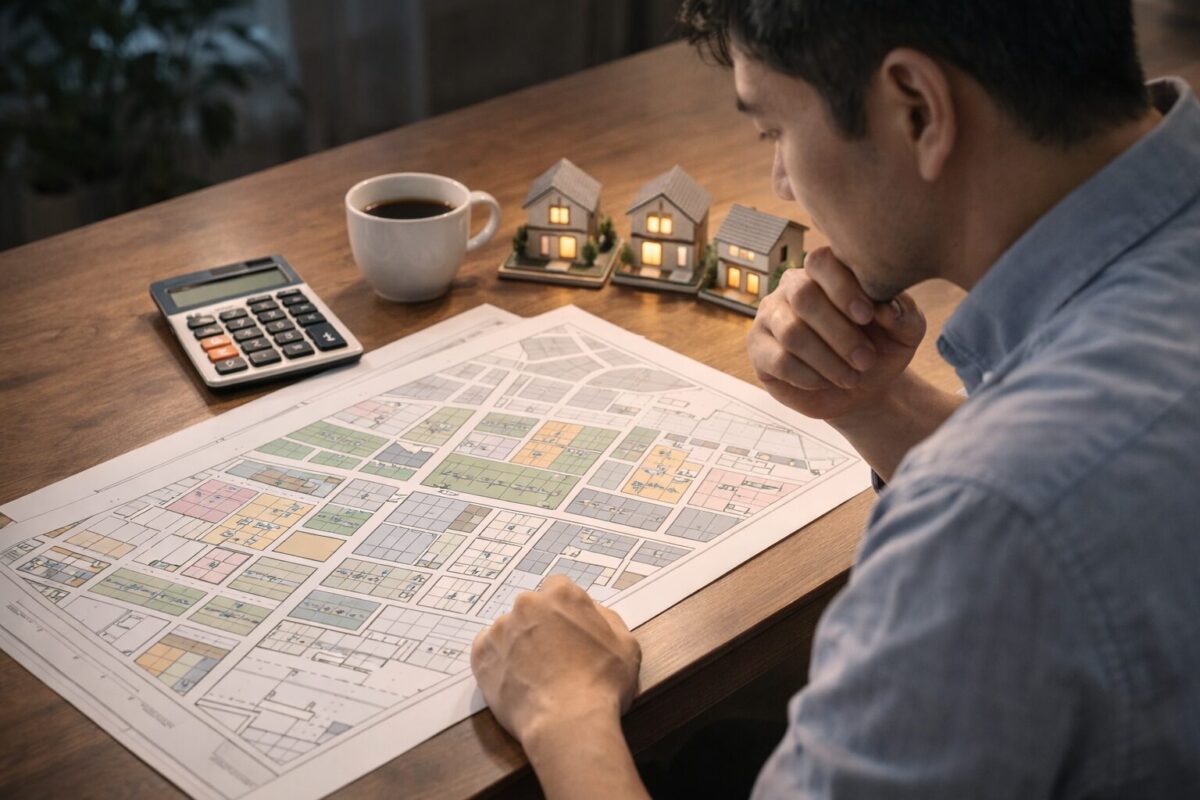책상 위에 펼쳐진 건축 지도와 세 개의 나무 집 모형을 보며 세금 시뮬레이션을 하는 모습