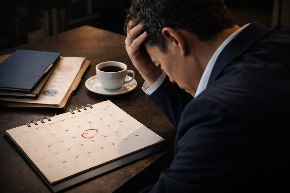 탁상 달력의 특정 날짜에 붉은색 원이 그려져 있고 그 옆에 부동산 계약서가 놓인 모습