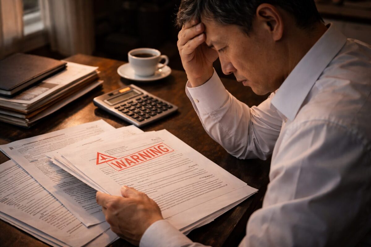임대사업자 등록 서류와 세금 고지서를 앞에 두고 심각하게 고민하는 아시아인 투자자의 모습