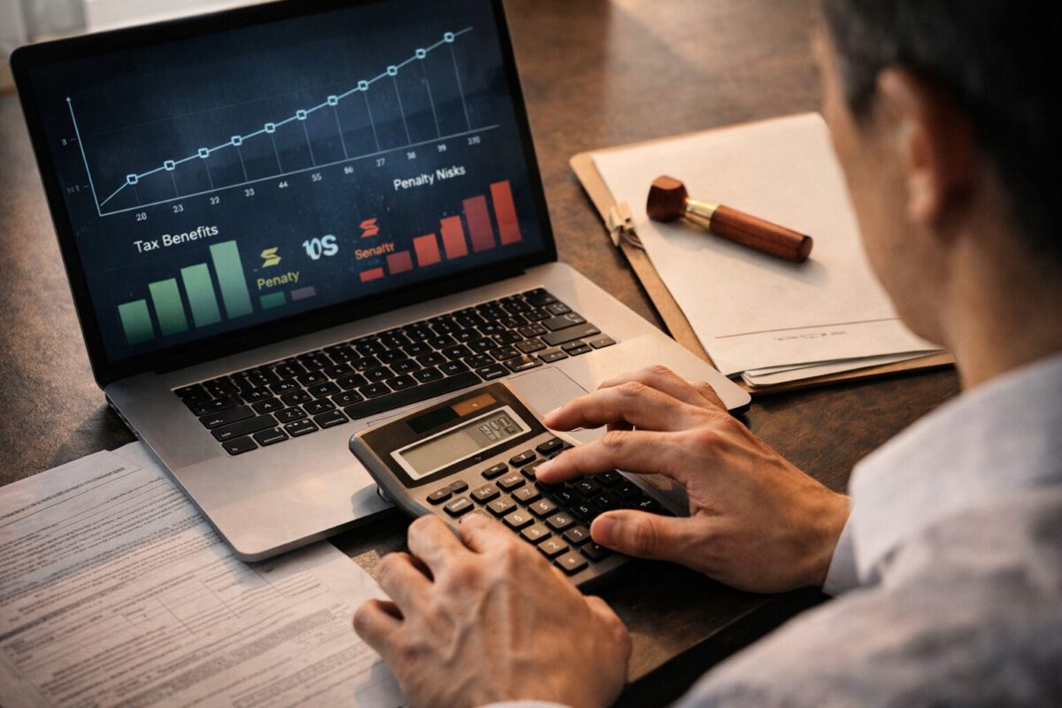 노트북 화면의 렌트홈 사이트와 10년 장기 타임라인 그래프를 보며 분석하는 아시아인 전문가의 모습