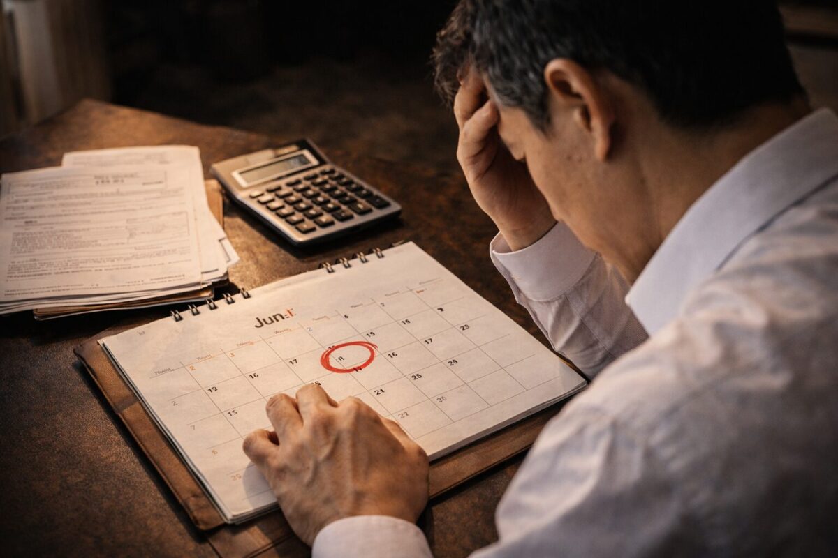 달력의 6월 1일에 표시를 해두고 보유세 고지서와 계산기를 확인하는 아시아인 투자자