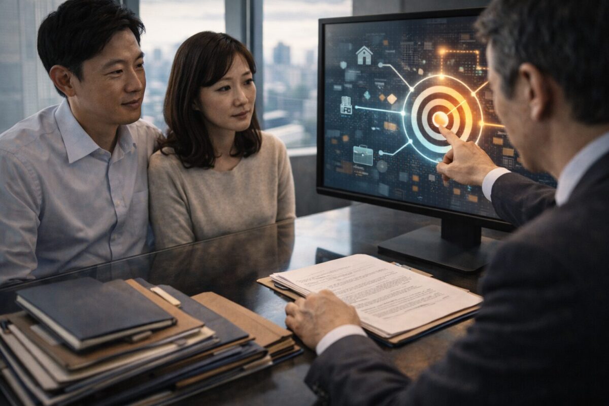 긴장된 분위기 속에서 자금조달계획서와 은행 거래 내역서를 꼼꼼히 점검하는 아시아인 전문가의 모습