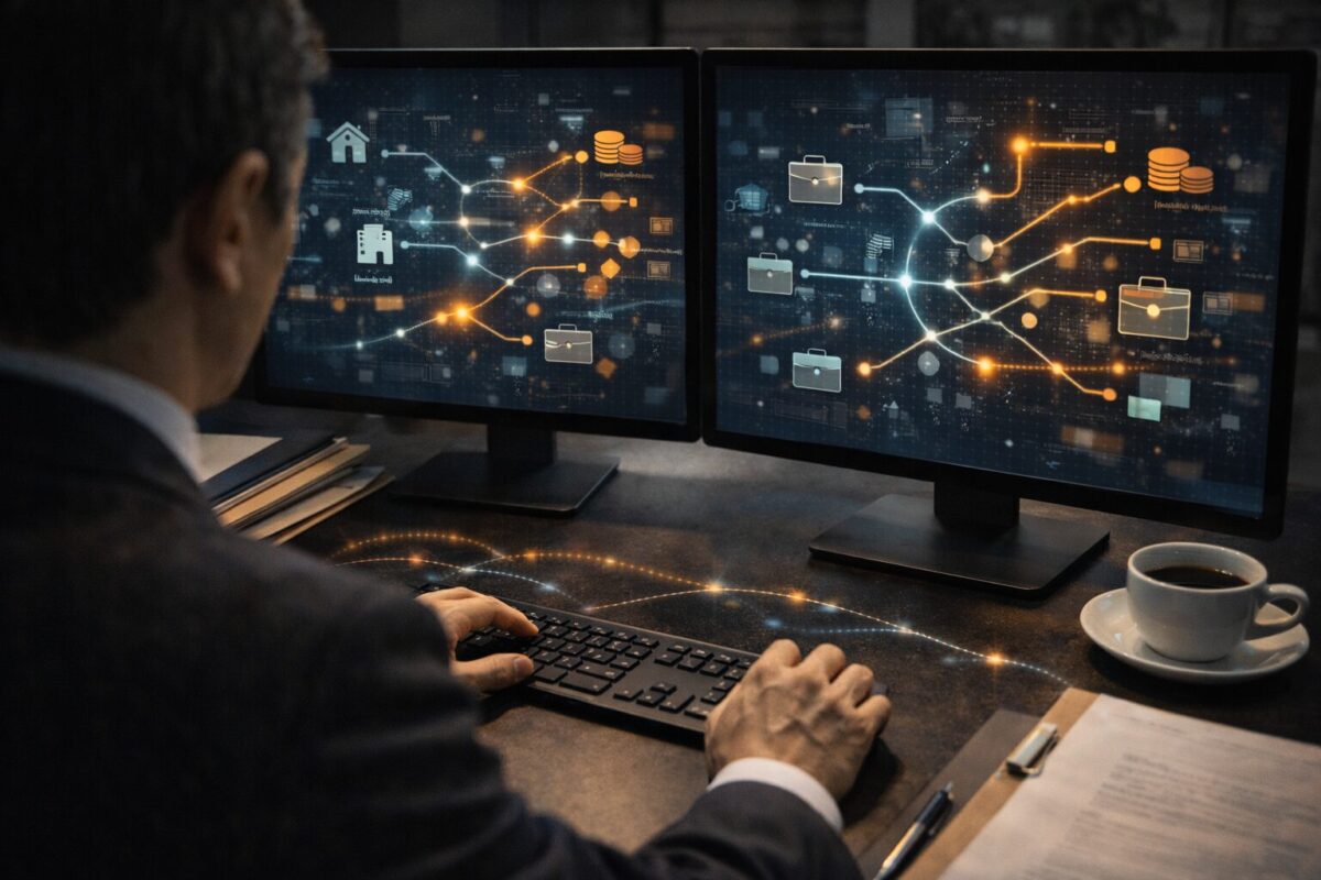 노트북 화면의 자금 흐름 추적 차트와 함께 차용증을 작성하는 아시아인 전문가의 손