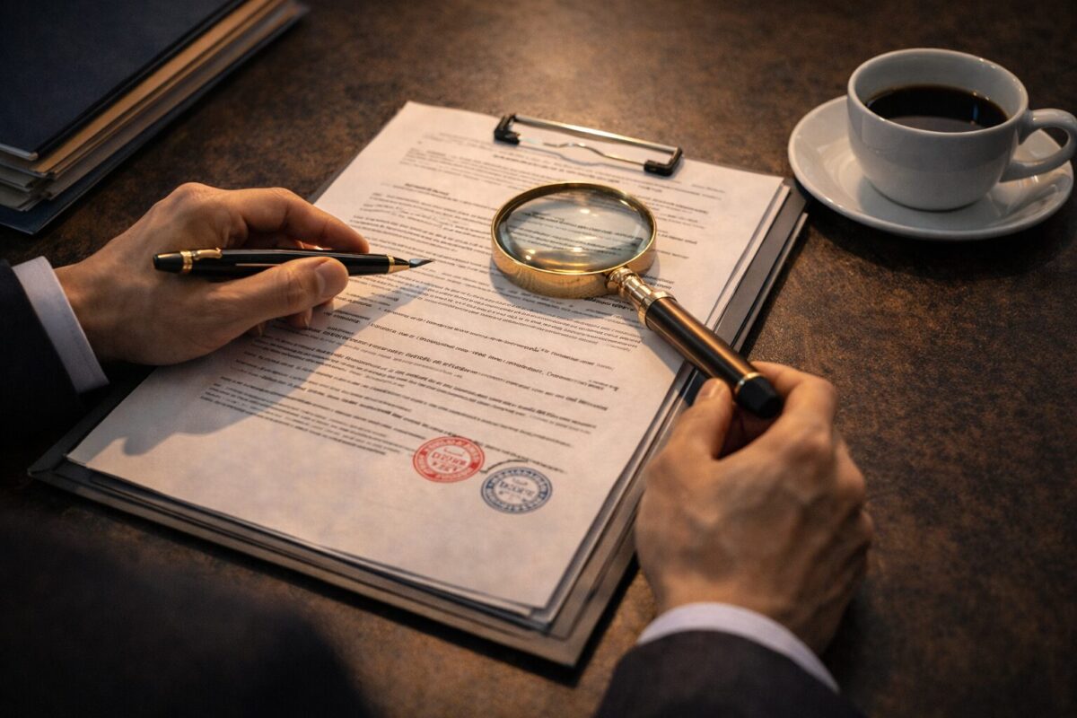 책상 위 부동산 임대차 계약서와 돋보기, 그리고 주의를 요하는 빨간색 펜