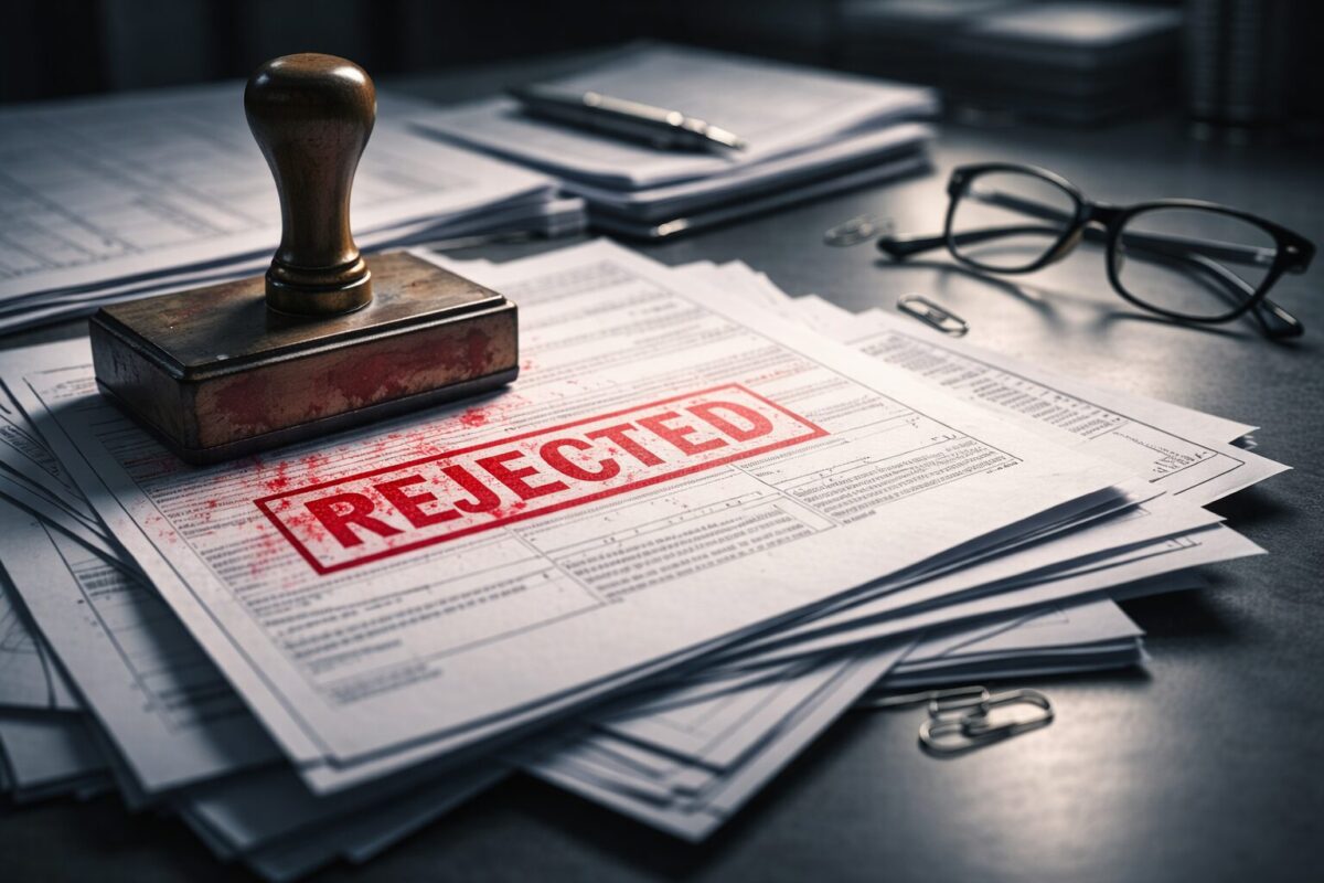차가운 메탈 데스크 위에 붉은색 '거절(REJECTED)' 도장이 찍힌 대출 서류들이 어지럽게 흩어져 있는 긴장감 넘치는 클로즈업 모습