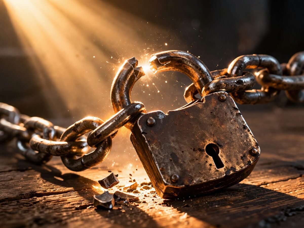 어두운 배경 속에서 무겁고 녹슨 쇠사슬 자물쇠가 끊어져 바닥에 떨어져 있고, 그 위로 환한 빛이 쏟아지는 해방과 구원을 상징하는 모습