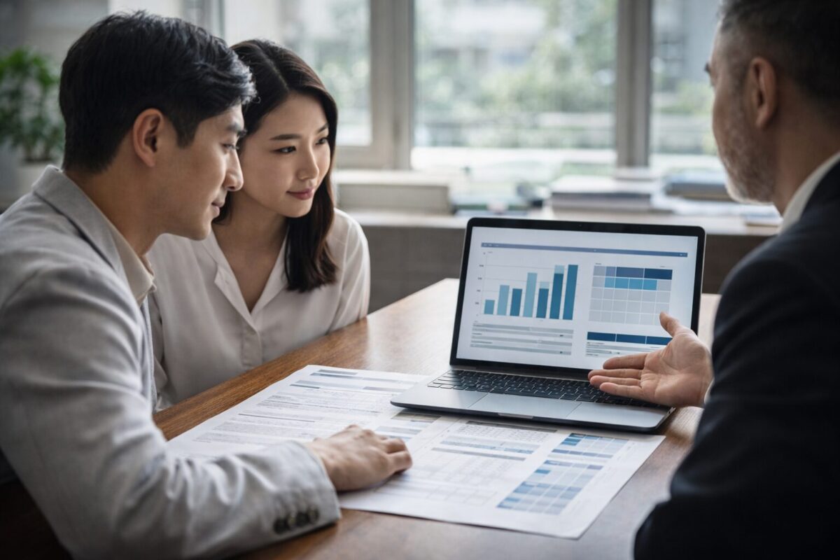 부동산 전문 컨설턴트와 함께 노트북으로 대출 DSR 계산기와 양도소득세 시뮬레이션을 분석하는 환경