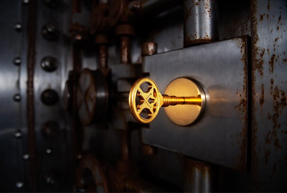 어두운 슬레이트 테이블 위, 완벽하게 쌓인 빛나는 금화 더미를 두꺼운 티타늄 방패가 빈틈없이 둘러싸고 있어 외부의 날카로운 강철 발톱이 금화를 긁어가지 못하게 방어하는 메타포 모습