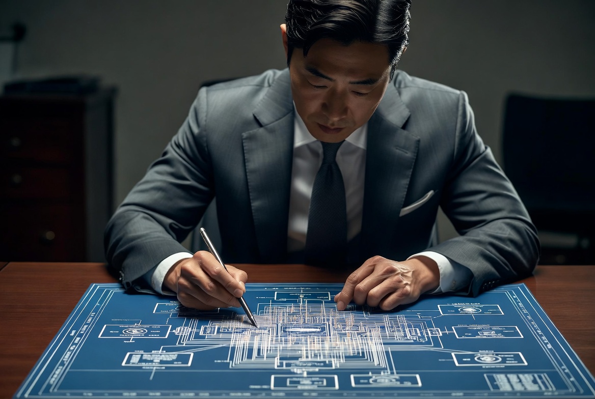 어둡고 고급스러운 마호가니 책상 위에 대출 약정서와 상환 스케줄표 등 금융 서류들이 흐릿하게 깔려 있고, 그 위를 프리미엄 만년필이 가로지르며 무거운 부채의 재설계를 상징하는 다큐멘터리 컷