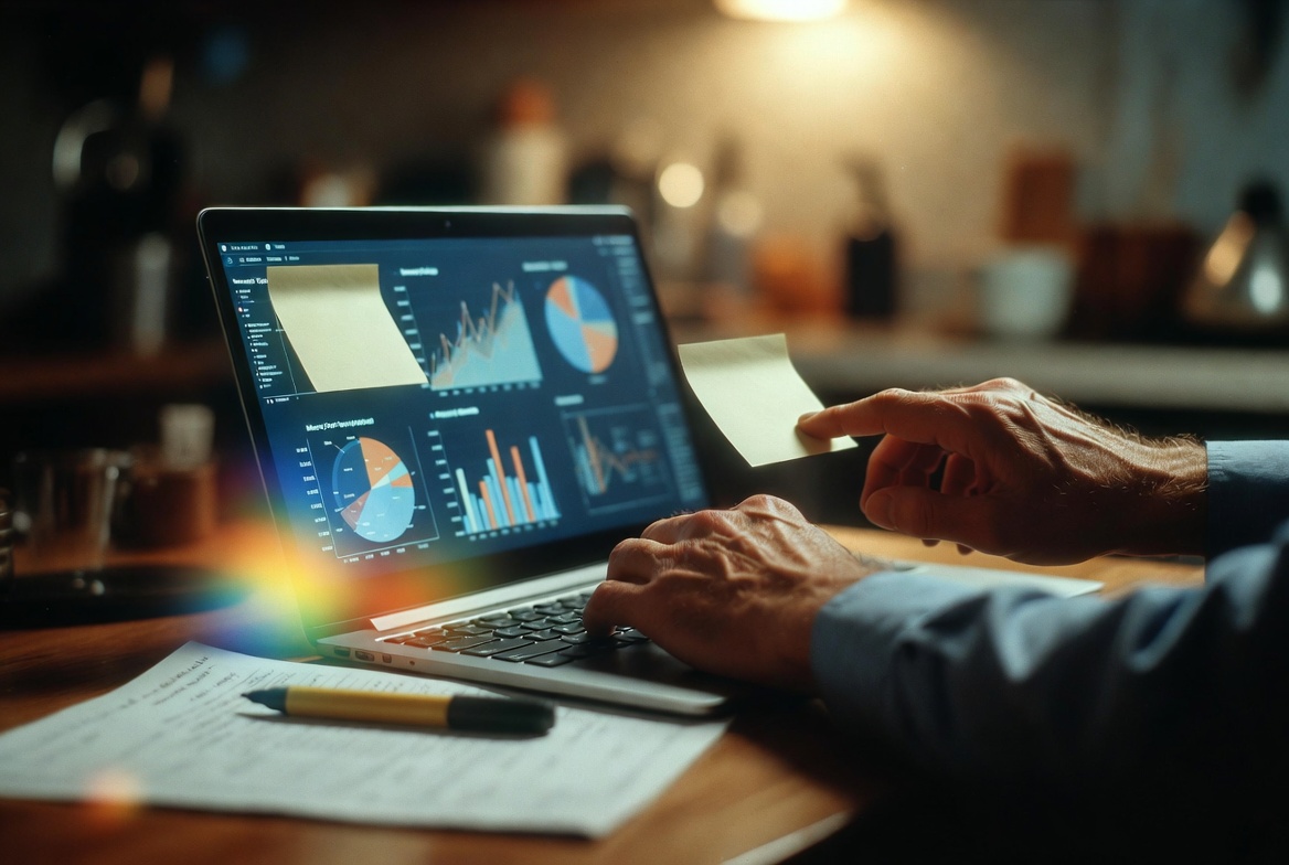 가정의 거실 테이블에서 중년 남성이 노트북에 포스트잇을 붙이며 월별 지출 그래프와 수기 가계부를 대조하는 모습