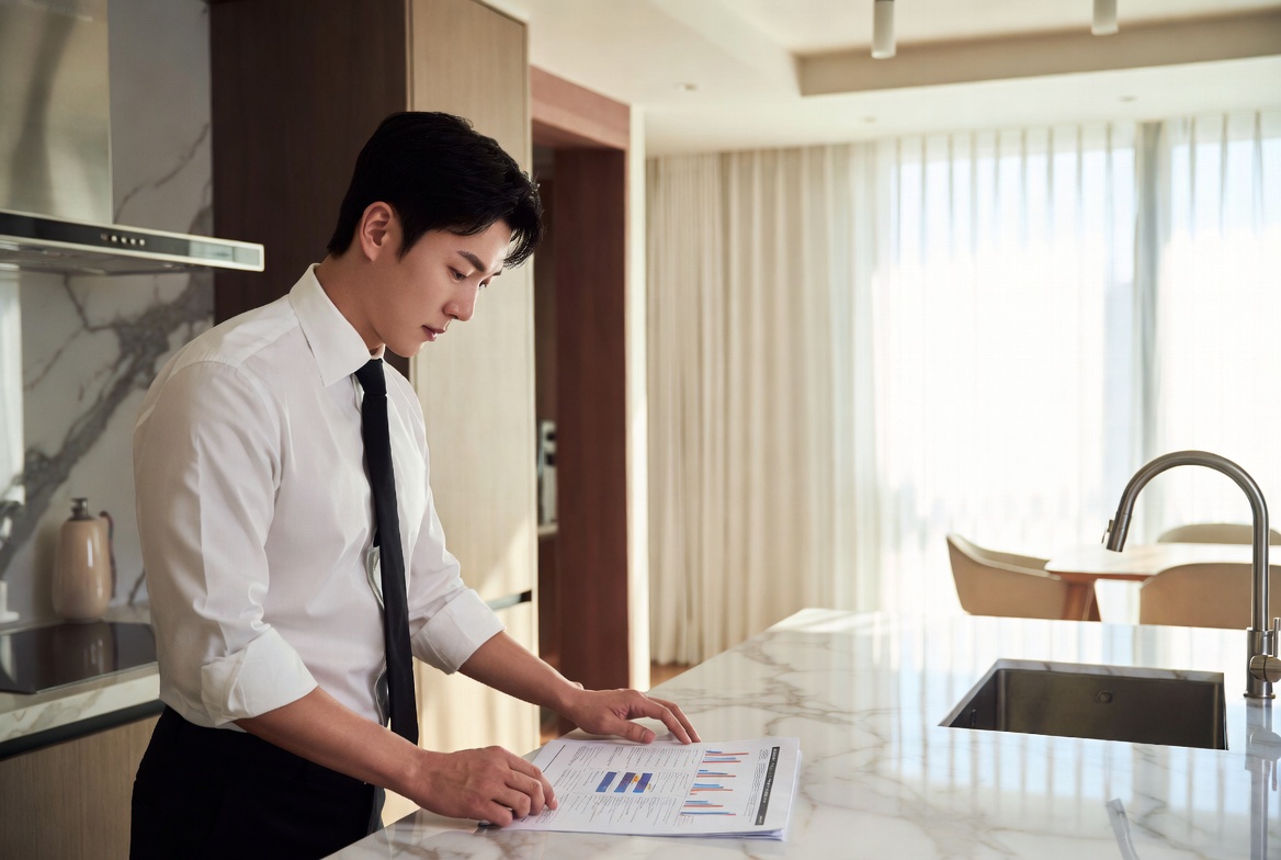 모던한 주방에서 셔츠 소매를 걷어붙이고 가족 자산 이전 계획을 검토하는 30대 엘리트 전문가의 모습