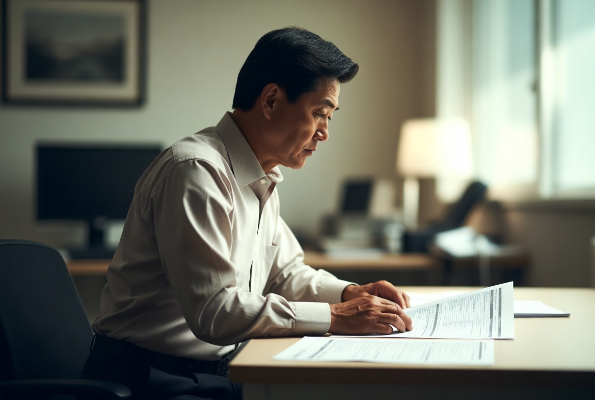 45~55세 한국 남성이 세무 대리인과 함께 공익법인 출연재산 명세서와 이사회 회의록을 진지하게 검토하는 모습