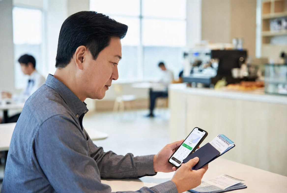 카페에서 스마트폰 뱅킹 앱과 통장을 나란히 두고 단기 자금 금리를 비교하는 모습