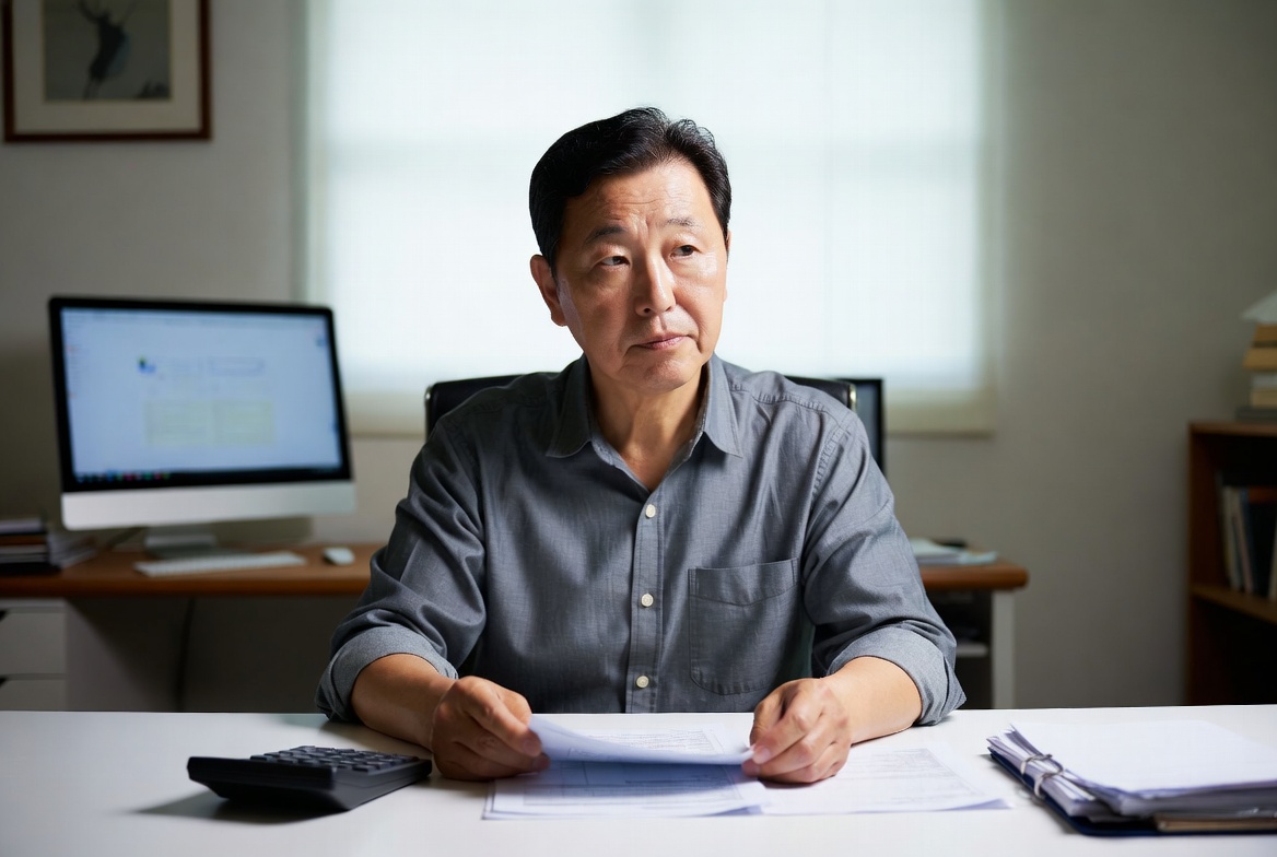 홈 오피스에서 서류와 계산기를 놓고 사전증여 합산 세액을 점검하는 모습