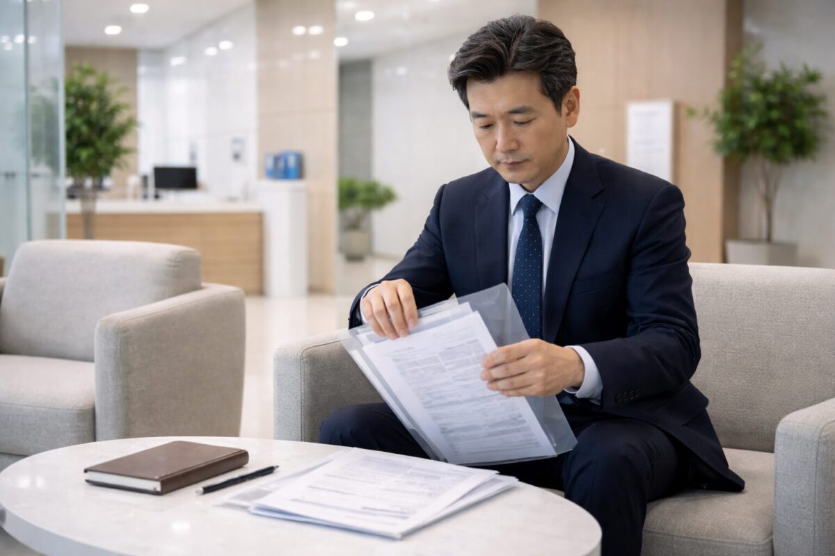 가정집 서재에서 스마트폰으로 마이너스 통장 한도와 금리를 비교하는 40대 남성