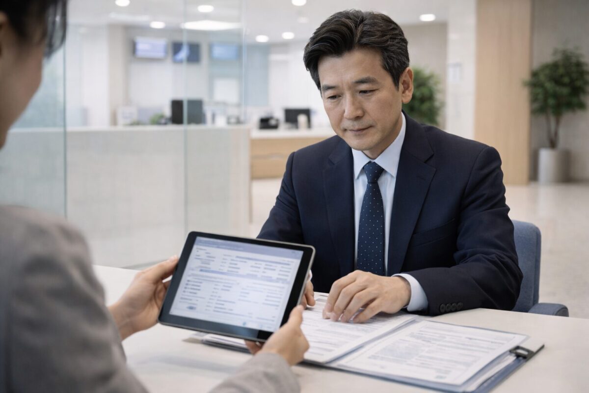 은행 창구에서 태블릿으로 대출 수수료 면제 안내를 확인하는 40대 남성