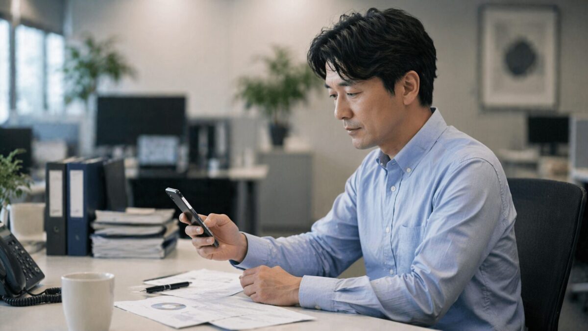 사무실 책상에서 스마트폰으로 환율을 확인하며 달러 투자 서류를 검토하는 장면