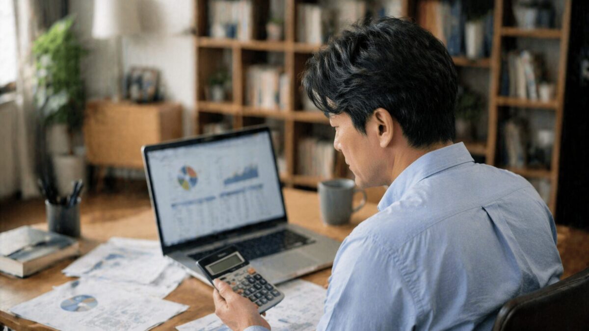 서재에서 노트북으로 배당 ETF 포트폴리오를 확인하며 계산기를 두드리는 장면