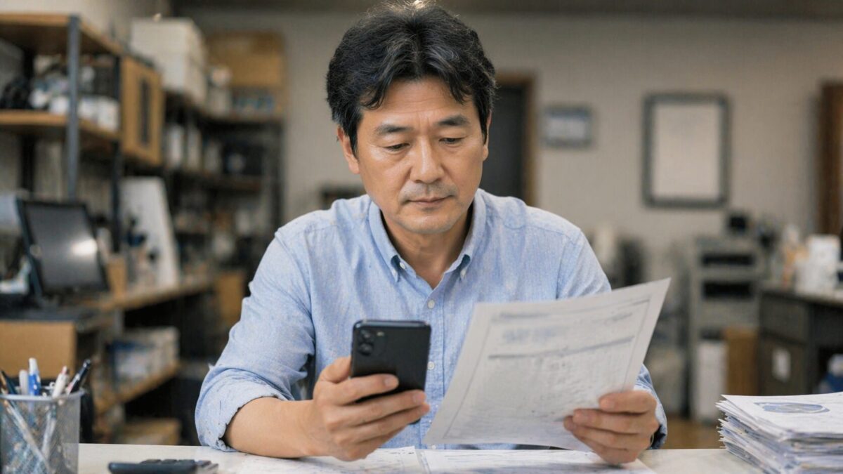 소상공인 작업장에서 스마트폰 건보 앱과 종이 서류를 대조하며 건보료 조정 신청을 준비하는 모습