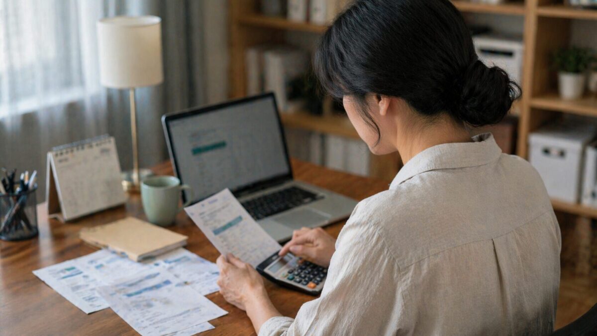 책상에서 신용카드와 체크카드 결제 청구서를 보며 연말정산 소득공제를 계산하는 모습