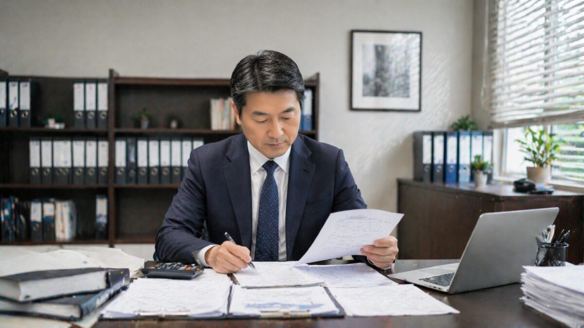 세무 전문가가 오피스텔 임대차 계약서 및 건축물대장을 바탕으로 실질 용도와 주택수 포함 여부를 검토하는 모습