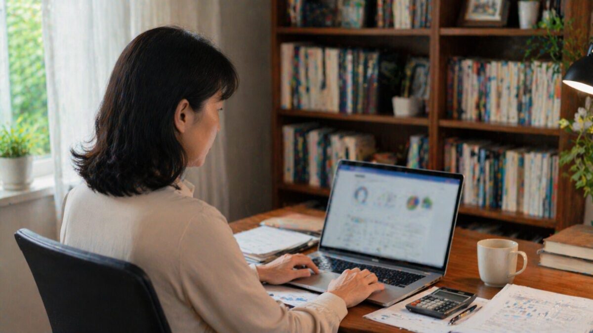 자택 서재에서 노트북을 이용해 오피스텔 시가표준액과 다주택자 취득세 중과세율 시뮬레이션을 진행하는 모습