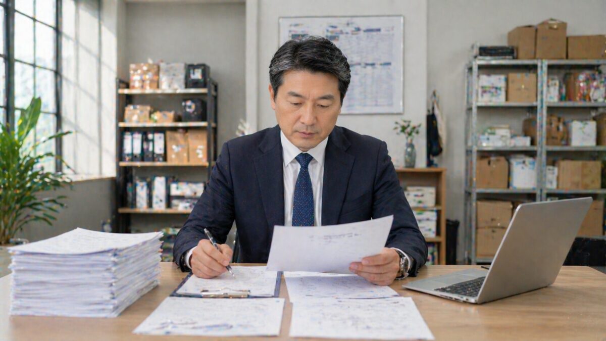 소상공인 사업장에서 세무 전문가가 사업자등록증의 업종 코드와 종전 사업의 유사성을 비교하며 세액감면 요건을 검증하는 모습