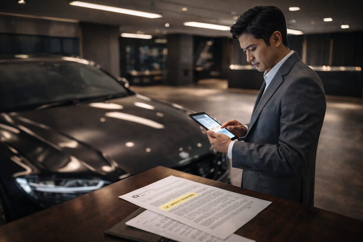 고급스러운 차고지 겸 쇼룸에서 30대 후반 엘리트 남성이 광각 구도 속에서 태블릿으로 차량의 잔존 가치를 시뮬레이션하는 시네마틱 컷