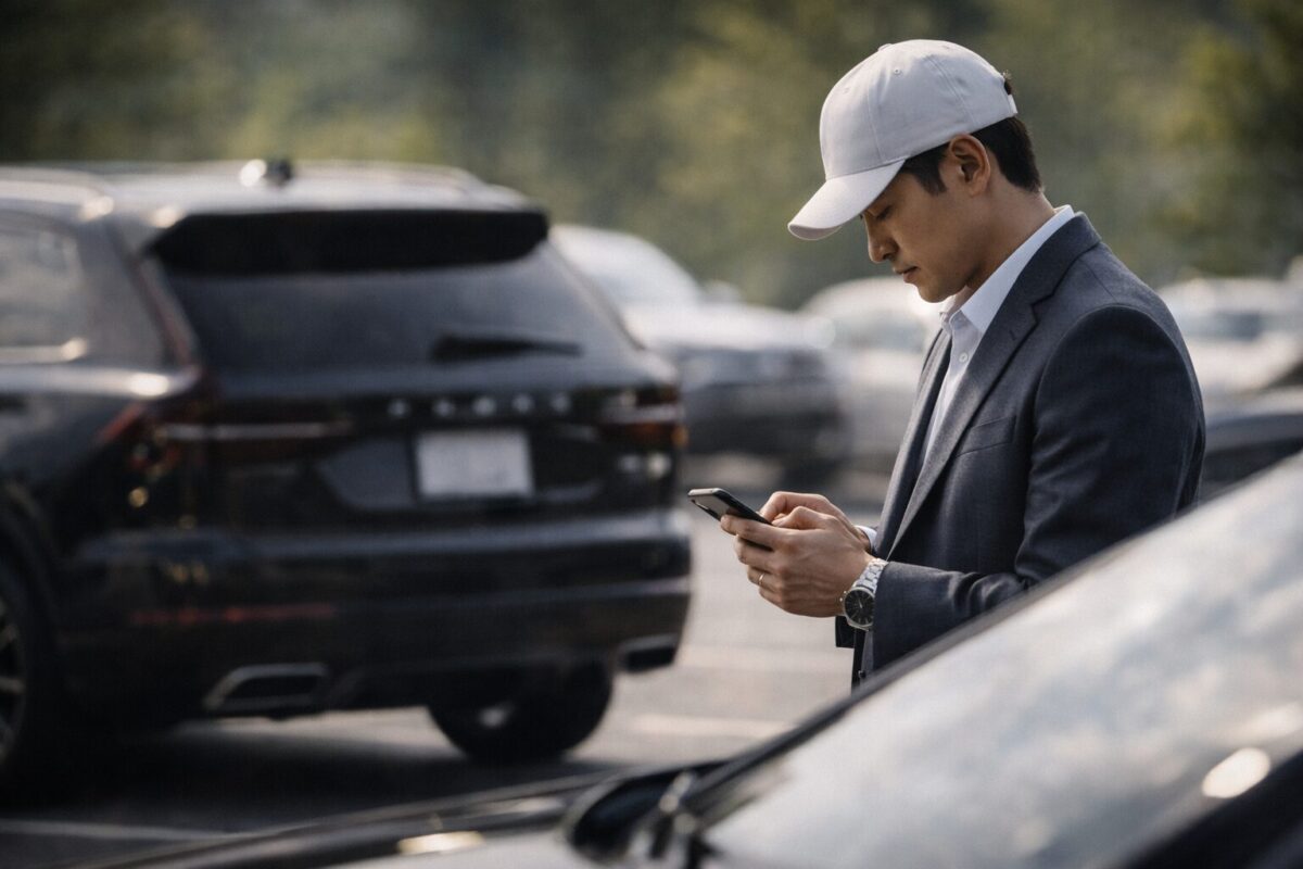 고급 클럽하우스 주차장에서 망원 렌즈 구도로 포착된 30대 후반 엘리트 전문가의 모습, 은밀한 감시망과 세무조사의 긴장감을 나타내는 시네마틱 컷