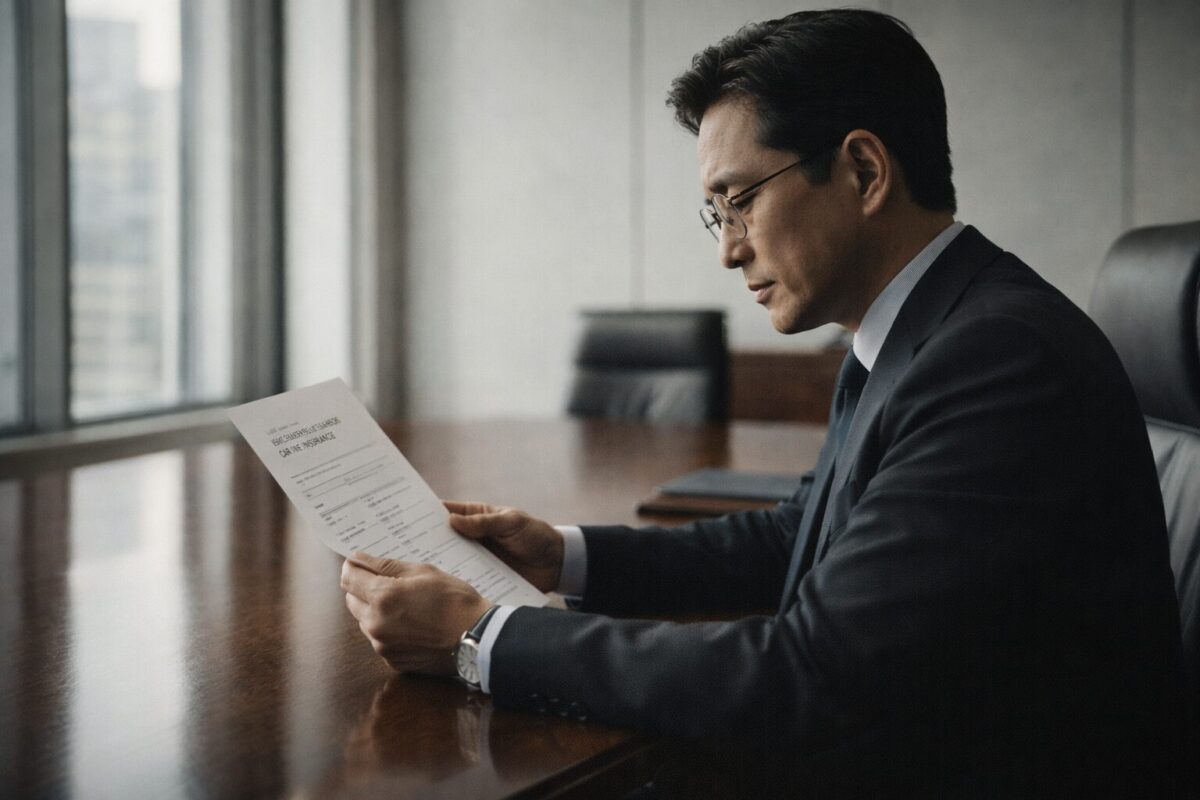 업무용 차량 전용 자동차보험 계약서 및 관련 약관 서류를 검토하는 장면