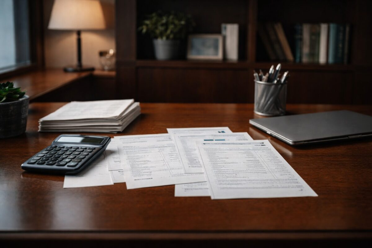 오피스에서 노트북과 서류를 활용해 법인 차량 운용 규정 및 보험 가입 내역을 점검하는 모습