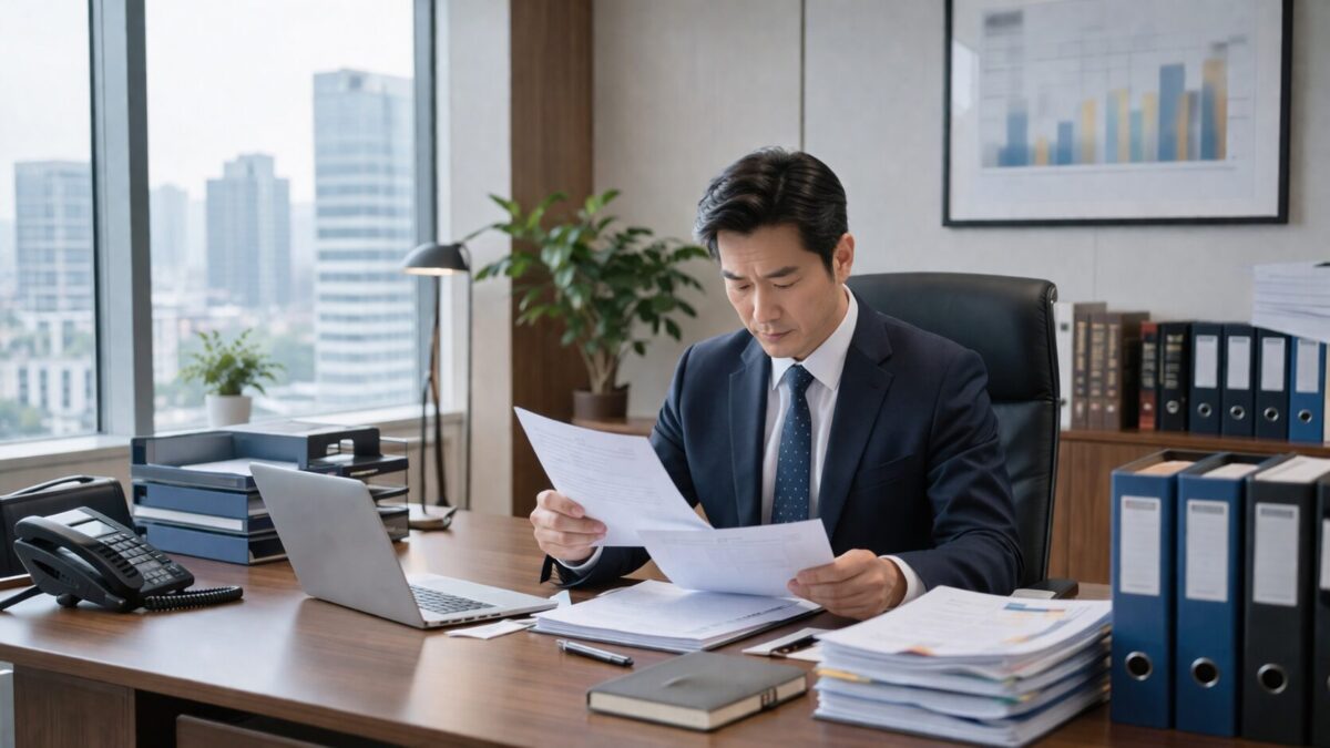 기업 오피스에서 재산 취득 자금 출처와 관련된 금융 기록 및 계약서를 검토하는 장면