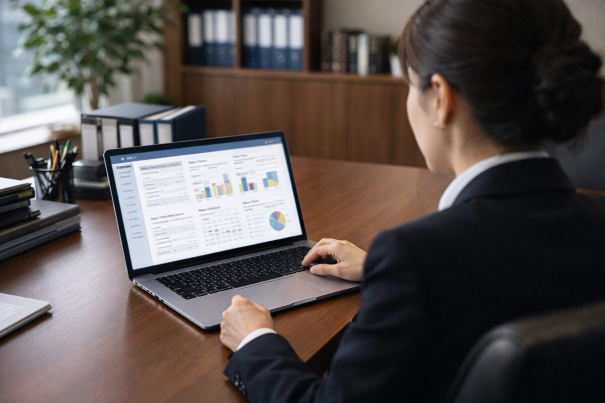 세무사 상담실에서 자금 조달 계획 및 소득 증빙 자료를 정돈하여 소명 포트폴리오를 점검하는 모습