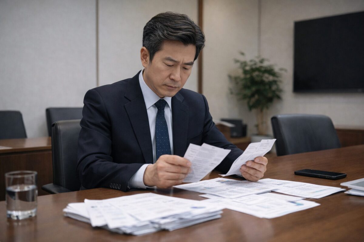 회의실에서 현금 매출 장부와 현금영수증 발급 내역을 정기적으로 검토하는 세무 관리자의 모습