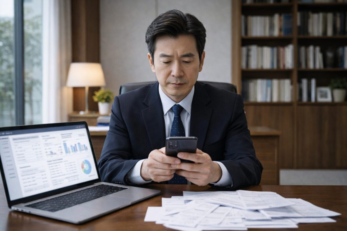 서재에서 스마트폰을 통해 사업용 금융 거래 내역 및 계좌 이체 기록을 점검하는 모습