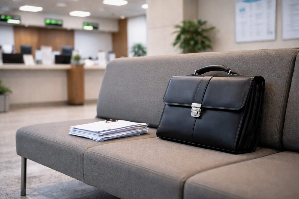 관공서 대기실에서 세무조사 소명을 위한 서류 가방을 둔 채 차분히 대기하는 모습