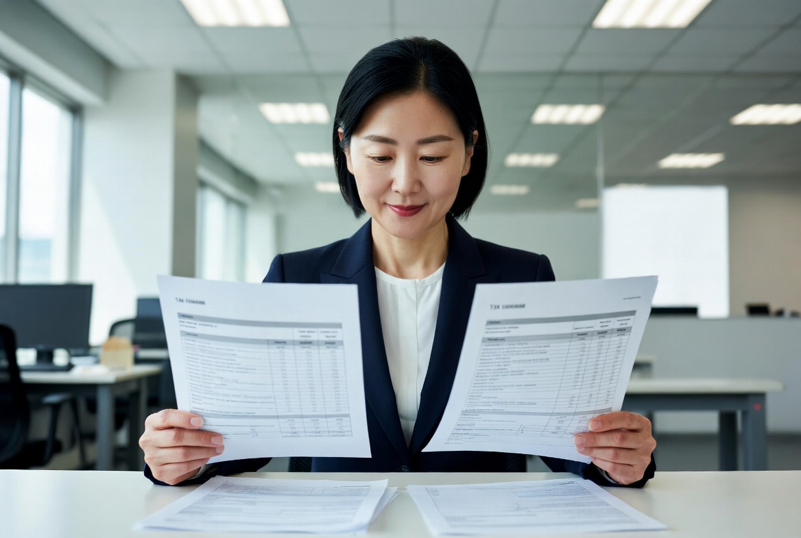 오피스에서 차량 가액 대비 세무 공제율을 계산한 서류를 꼼꼼하게 살피는 모습