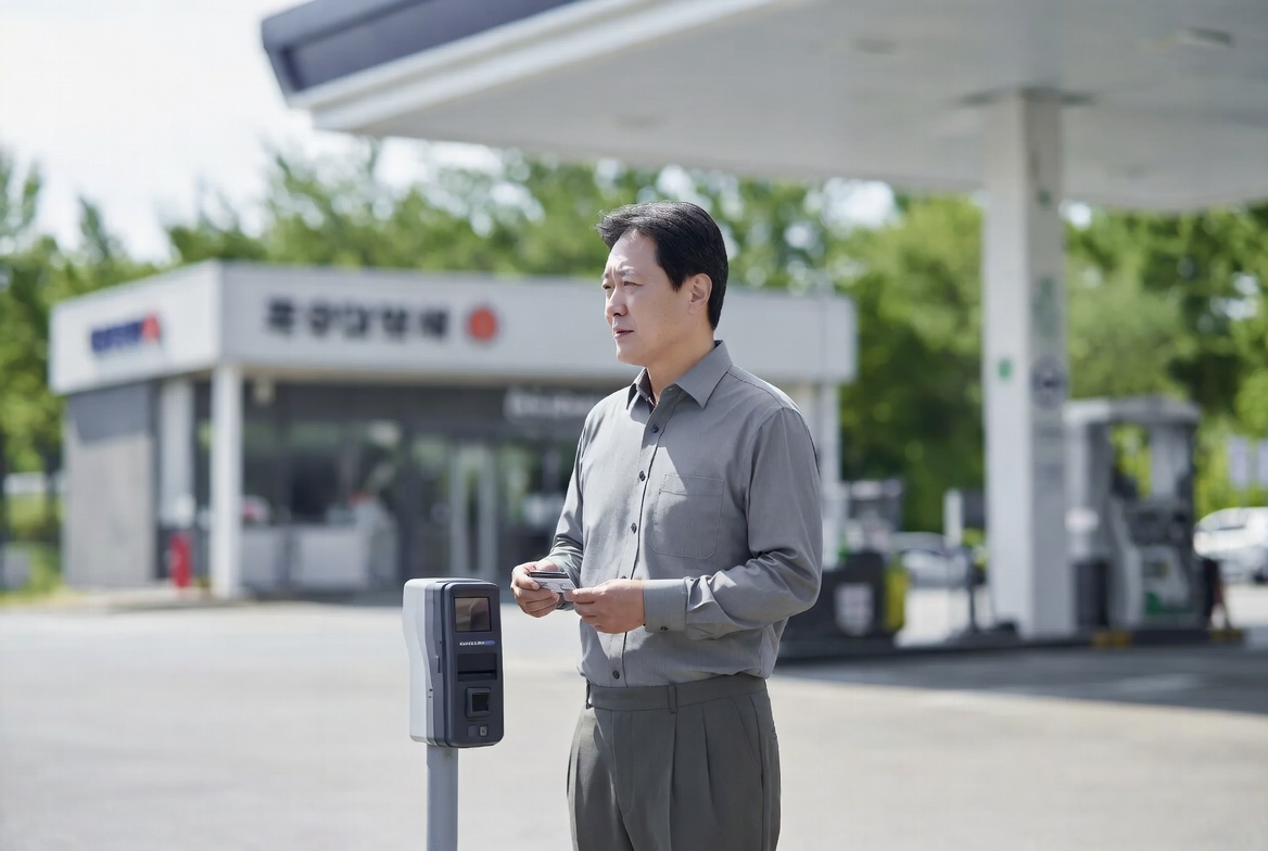 현장에서 법인카드로 차량 결제를 진행하며 관련 서류를 확인하는 모습