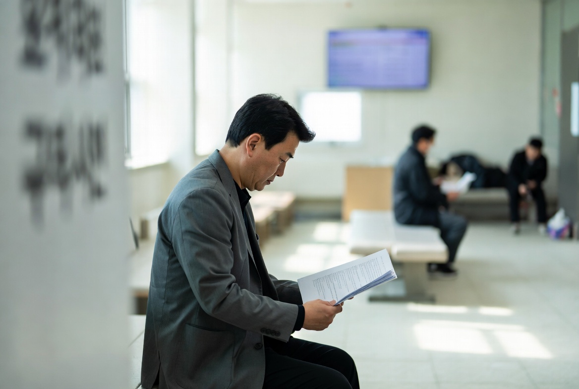 관공서 대기실에서 상속포기 관련 서류를 검토하는 모습