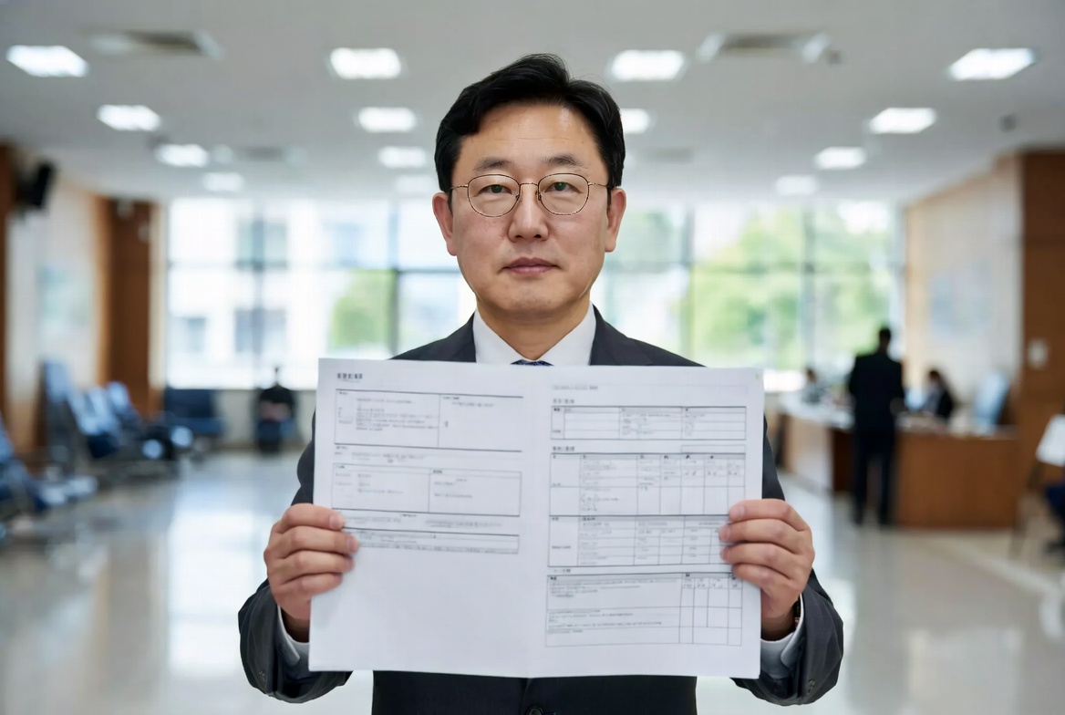 관공서 로비에서 세무 대리인이 법인의 연도별 상시근로자 수 산출 내역과 사후관리 규정 문건을 점검하는 모습