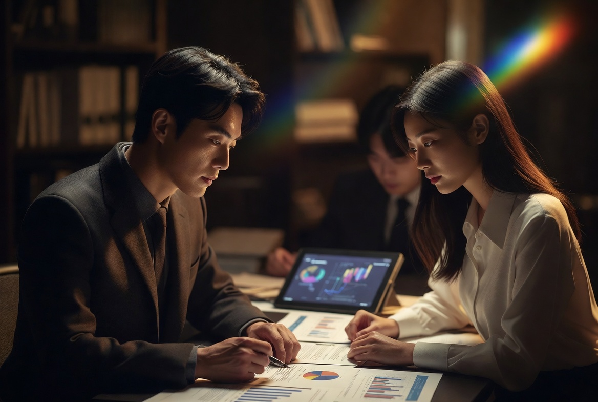 은퇴 설계 컨설턴트와 함께 노트북으로 퇴직연금 시뮬레이션과 건보료 부과 체계를 분석하는 환경