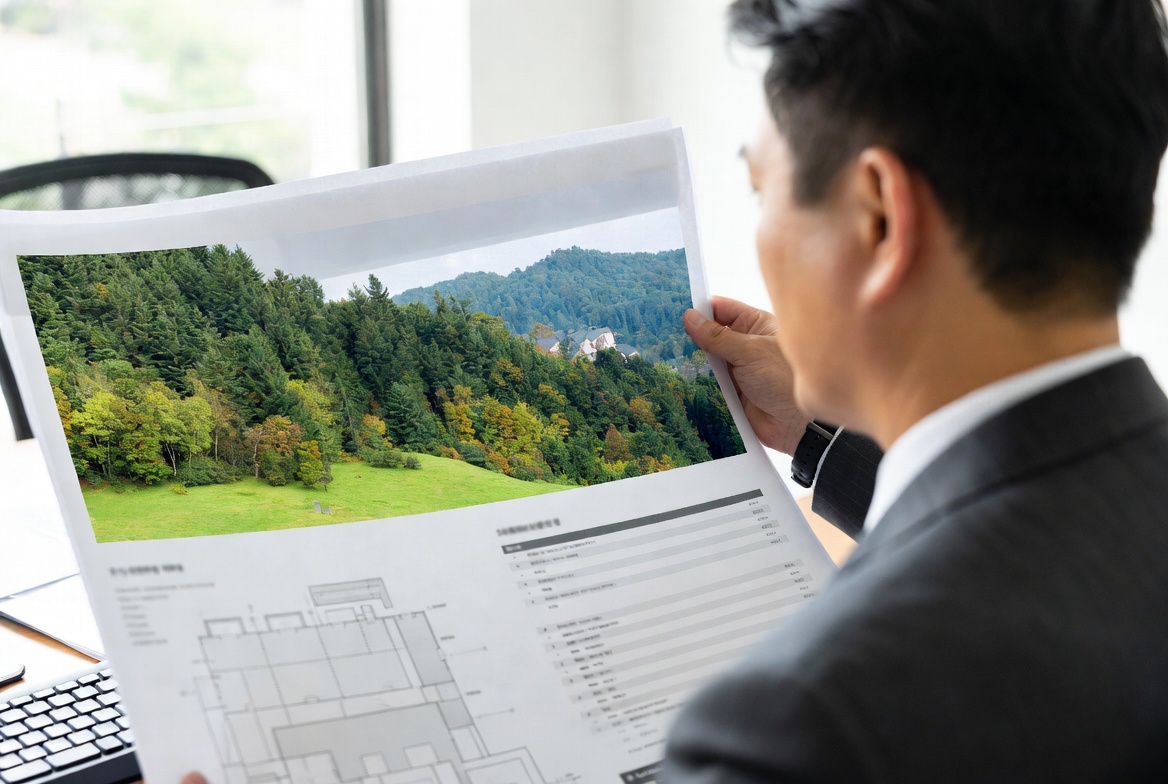 오피스에서 상가주택의 용도별 면적 대장과 취득세 산정 기준표를 대조하는 모습