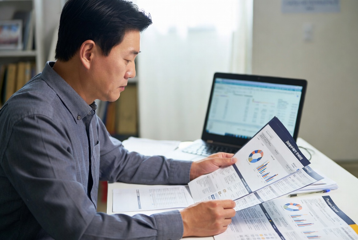 홈 오피스에서 연금저축과 IRP 안내서를 노트북 화면과 비교 분석하는 모습