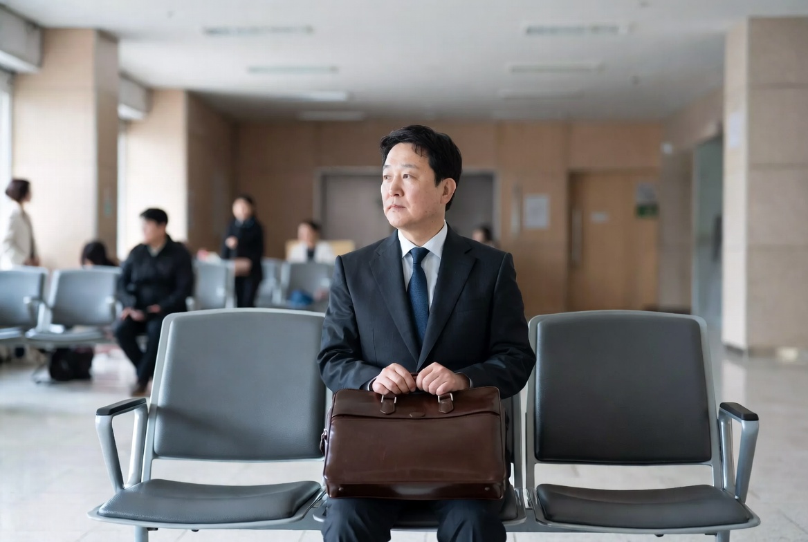 세무 관련 서류와 가방을 든 채 관공서 로비에서 대기 중인 모습