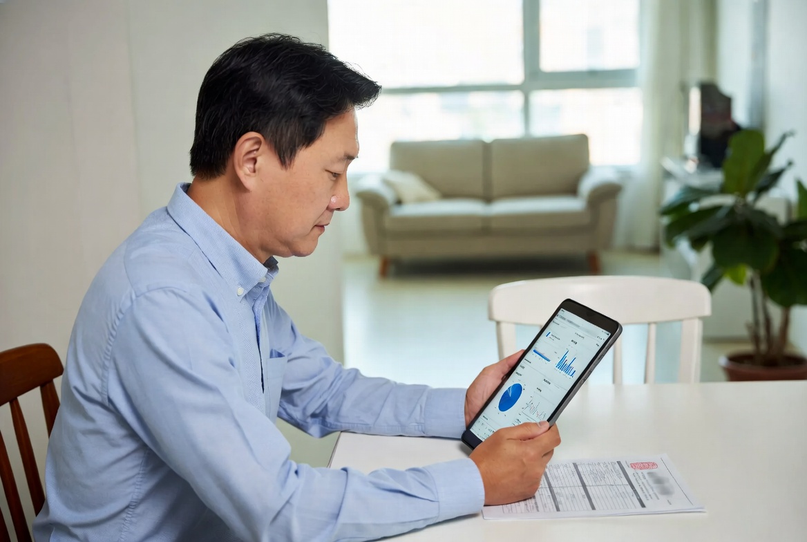 식탁에 앉아 태블릿으로 담보대출 갈아타기 정보를 확인하는 40대 남성