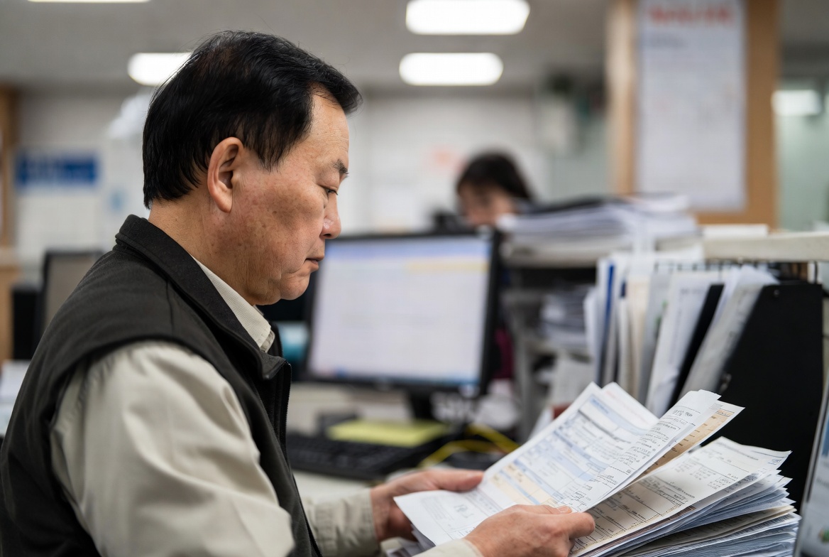 45~55세 한국 남성이 세무 대리인과 함께 과거 10년간의 금융 거래 내역서와 영수증을 진지하게 검토하는 모습